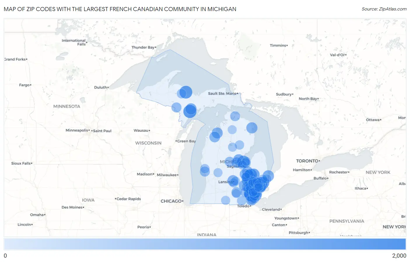 Zip Codes with the Largest French Canadian Community in Michigan Map