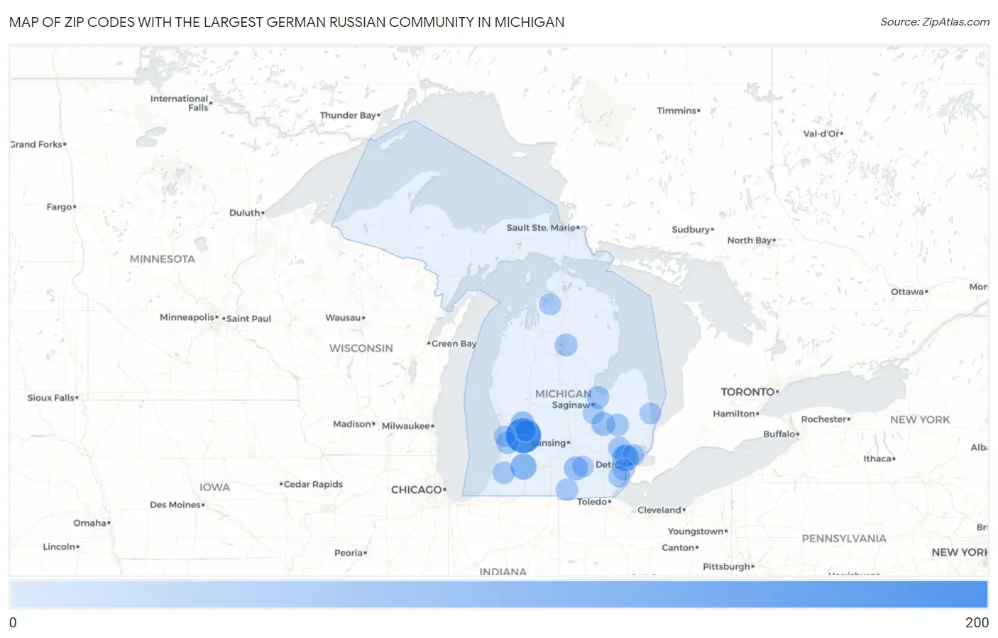 Zip Codes with the Largest German Russian Community in Michigan Map