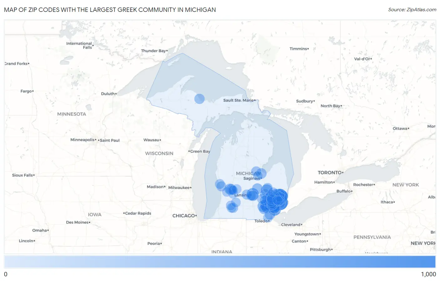 Zip Codes with the Largest Greek Community in Michigan Map