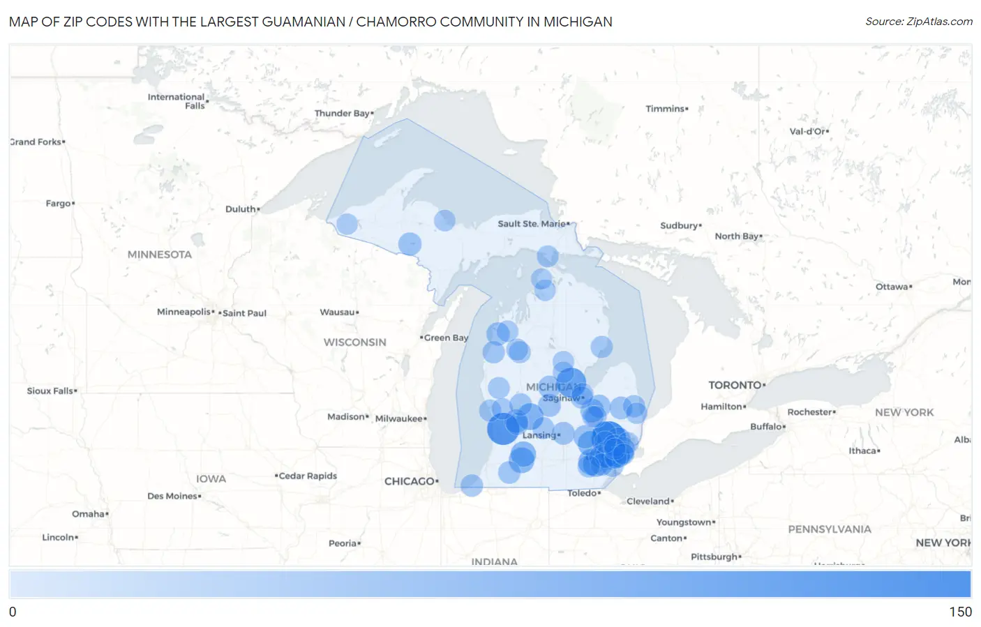 Zip Codes with the Largest Guamanian / Chamorro Community in Michigan Map
