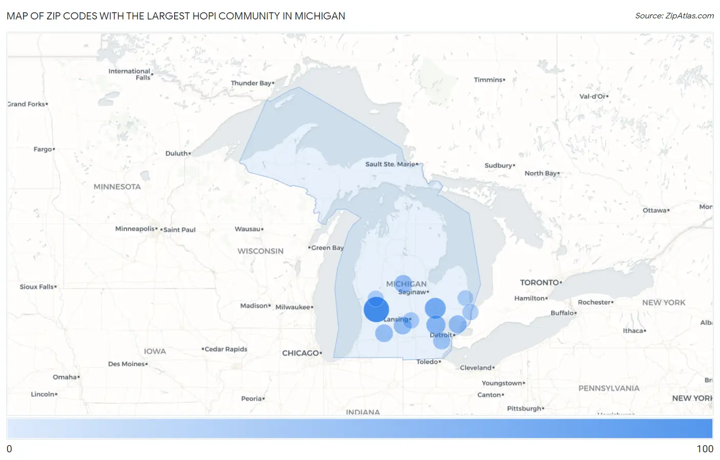 Zip Codes with the Largest Hopi Community in Michigan Map