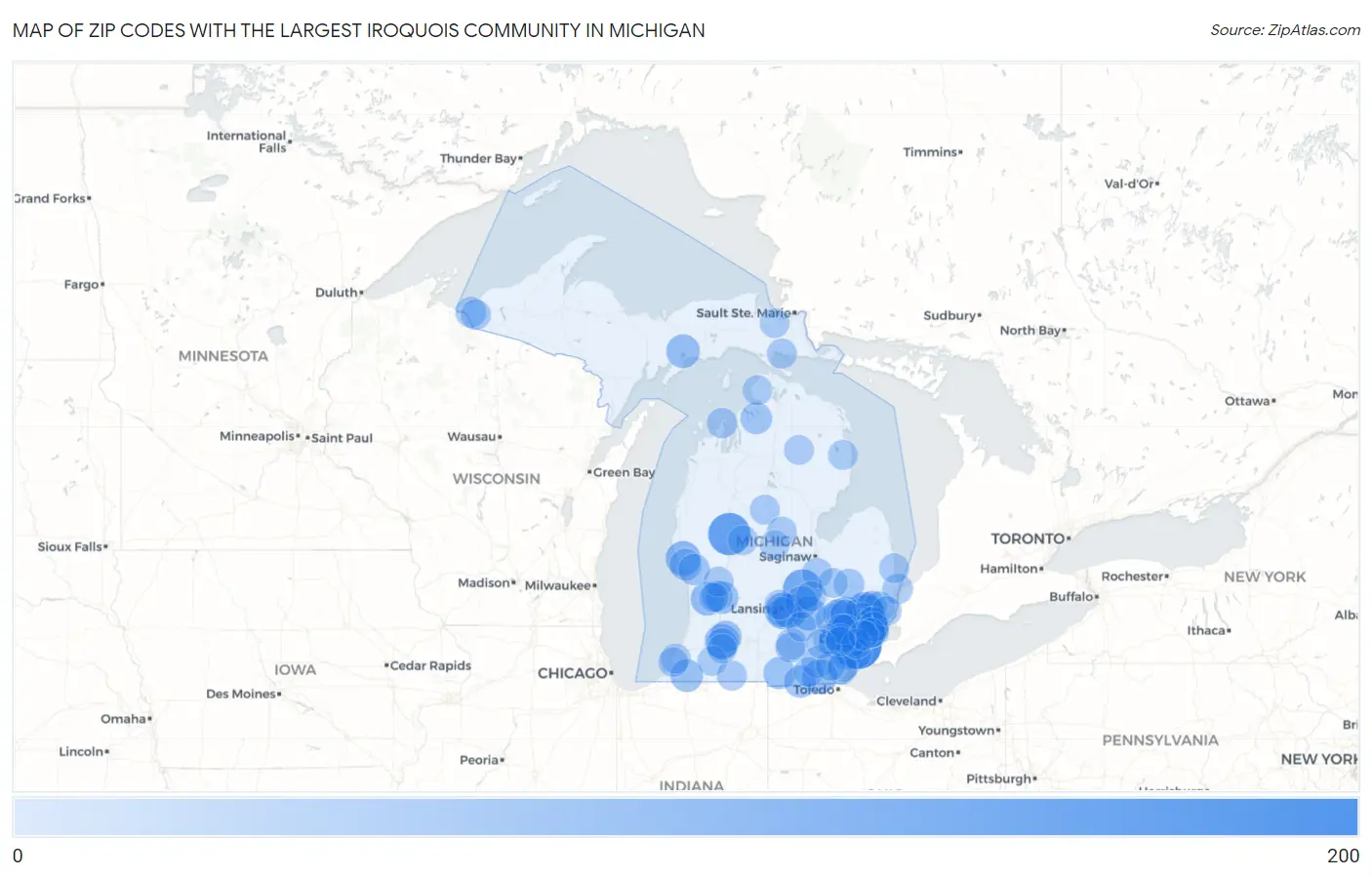 Zip Codes with the Largest Iroquois Community in Michigan Map