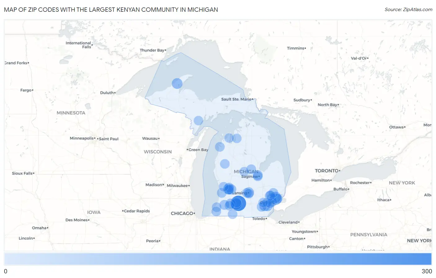 Zip Codes with the Largest Kenyan Community in Michigan Map