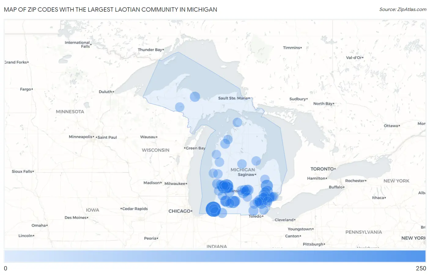 Zip Codes with the Largest Laotian Community in Michigan Map