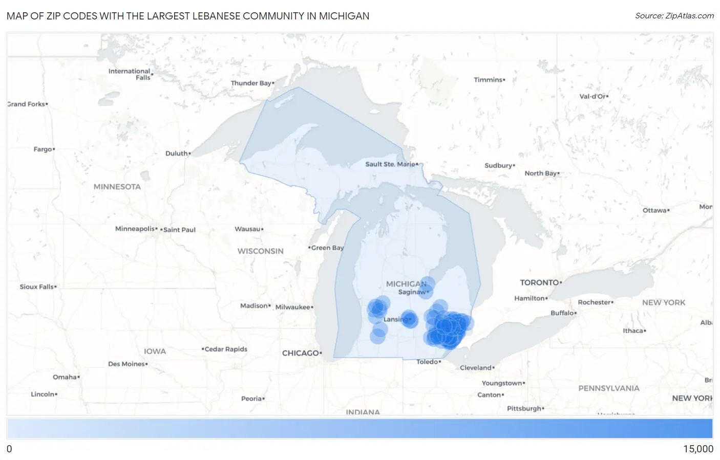 Zip Codes with the Largest Lebanese Community in Michigan Map