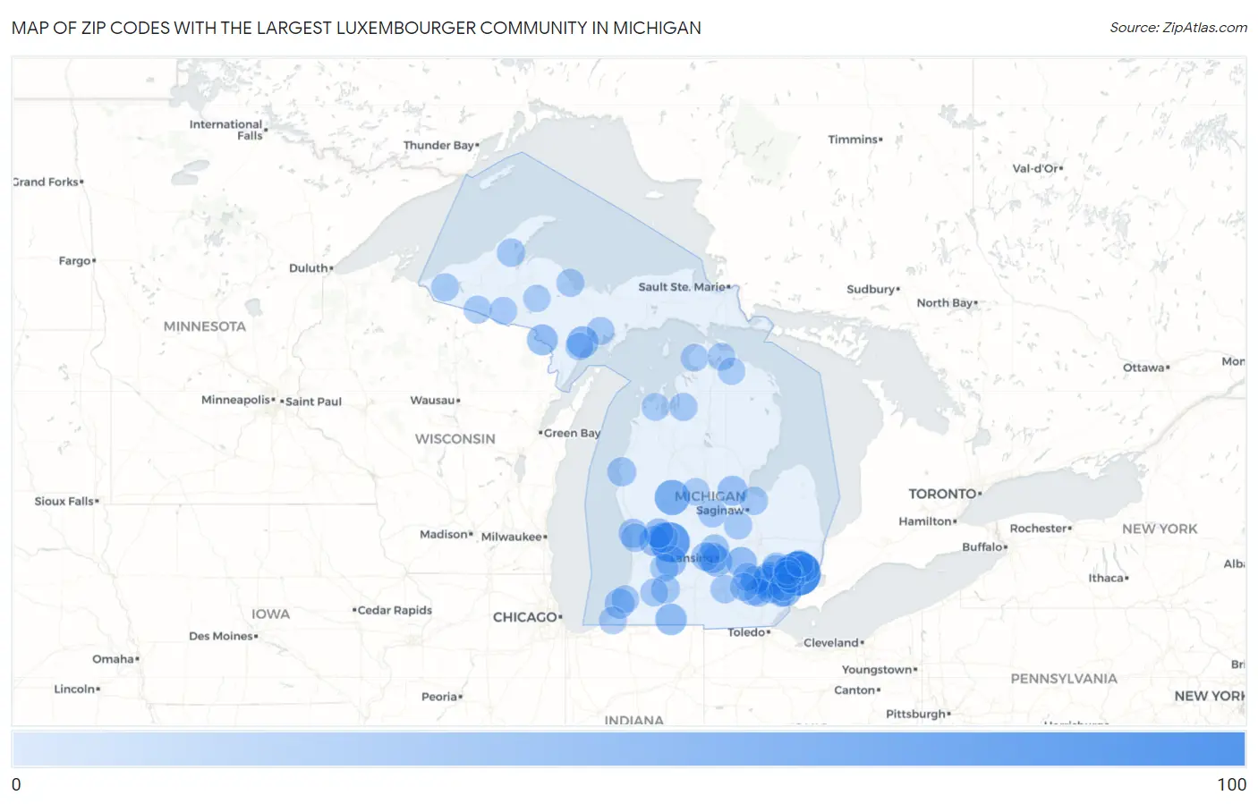 Zip Codes with the Largest Luxembourger Community in Michigan Map