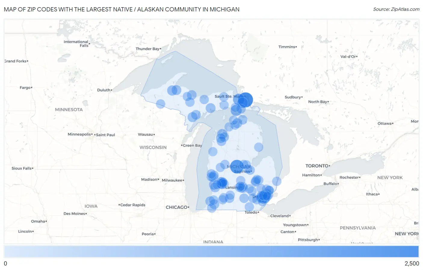 Zip Codes with the Largest Native / Alaskan Community in Michigan Map