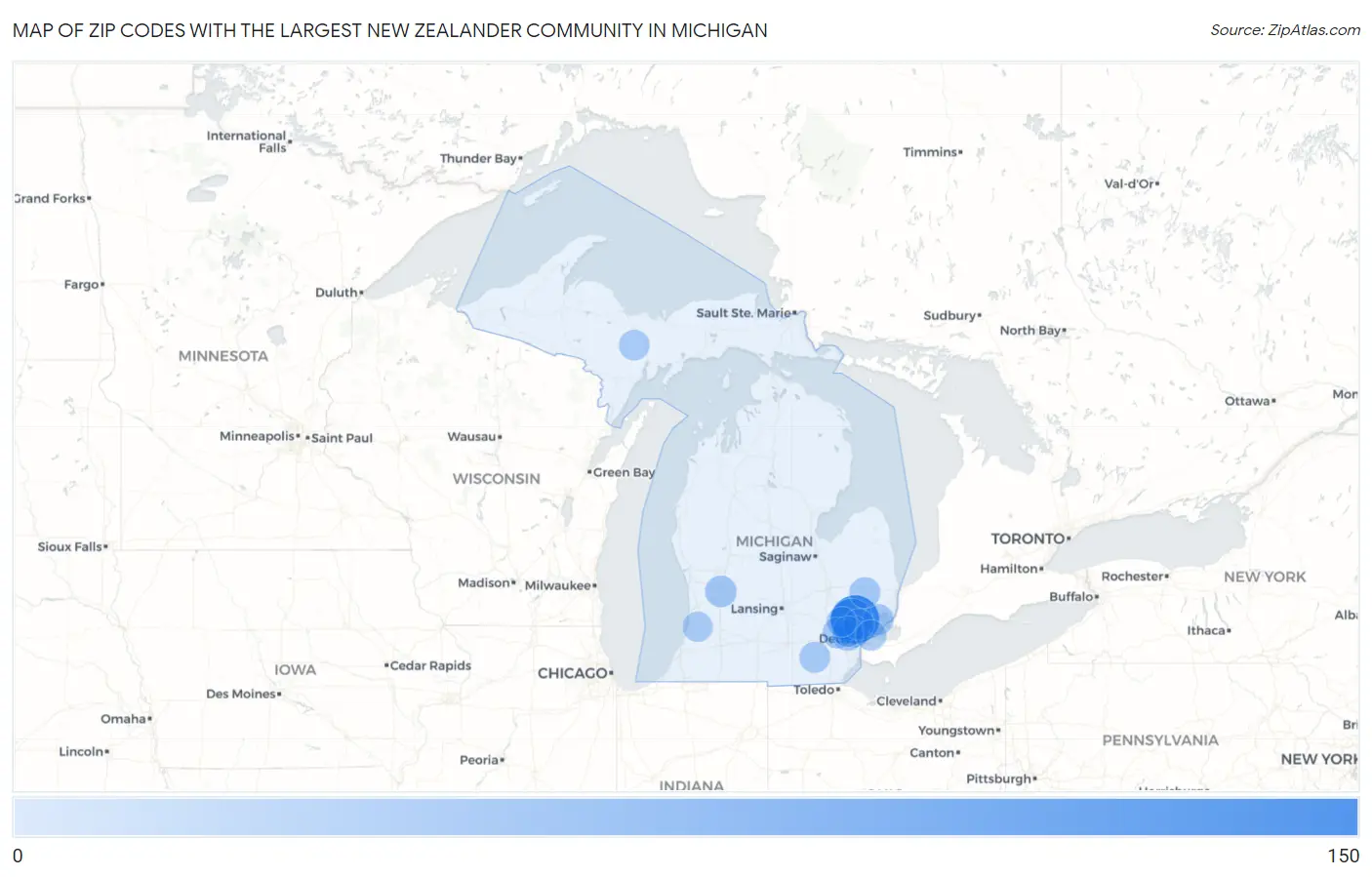 Zip Codes with the Largest New Zealander Community in Michigan Map