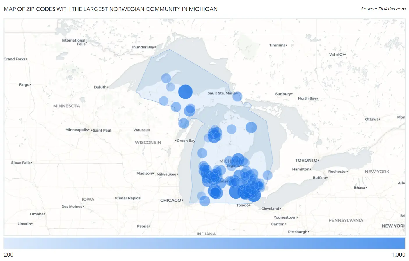 Zip Codes with the Largest Norwegian Community in Michigan Map