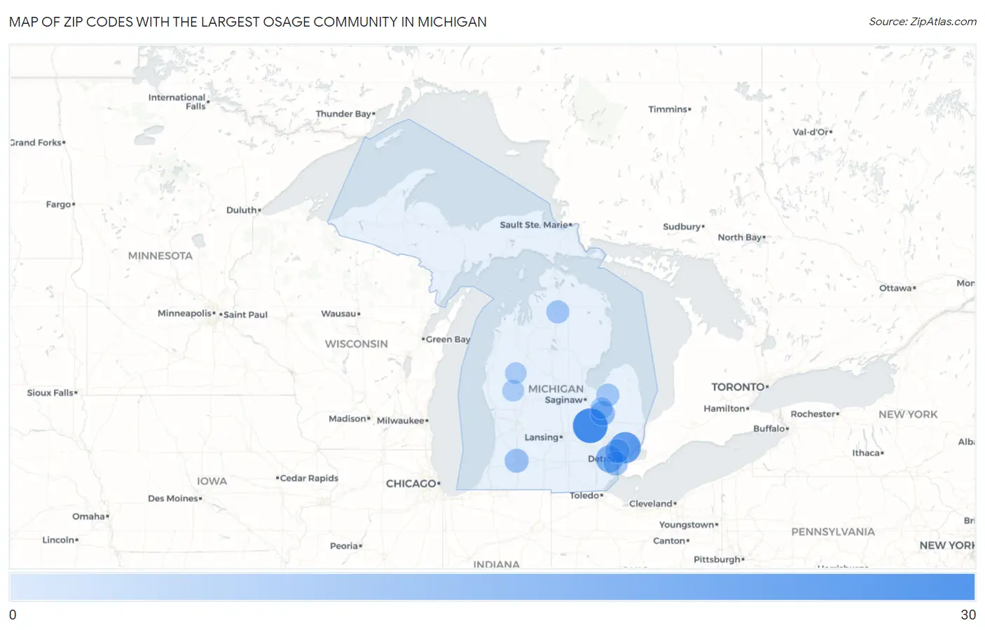 Zip Codes with the Largest Osage Community in Michigan Map