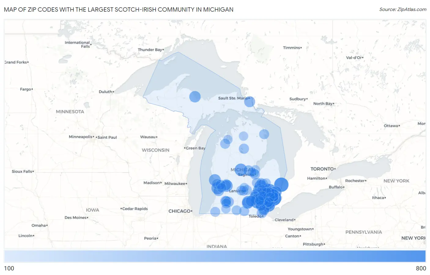 Zip Codes with the Largest Scotch-Irish Community in Michigan Map