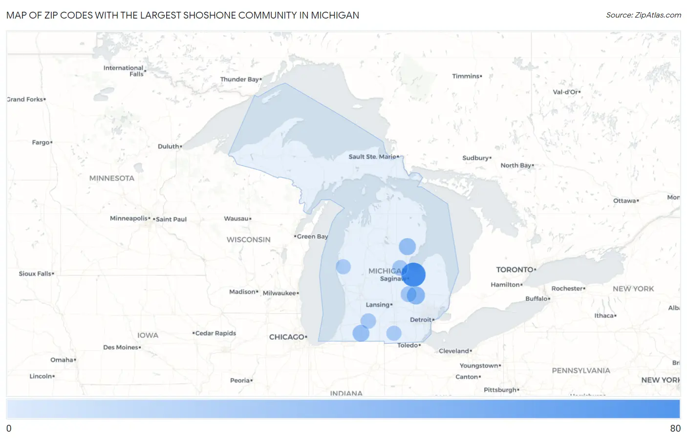 Zip Codes with the Largest Shoshone Community in Michigan Map