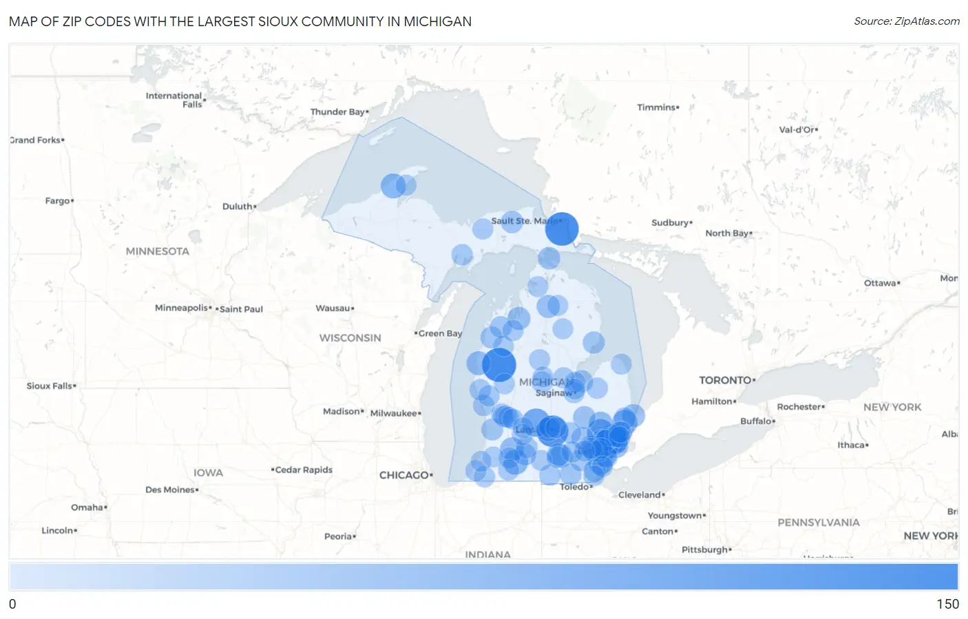 Zip Codes with the Largest Sioux Community in Michigan Map