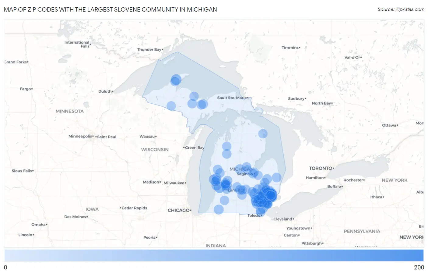 Zip Codes with the Largest Slovene Community in Michigan Map