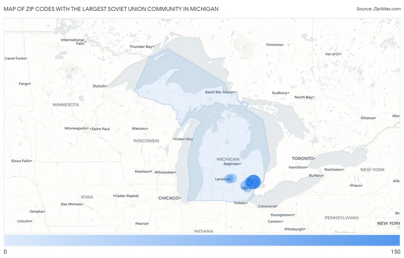 Zip Codes with the Largest Soviet Union Community in Michigan Map