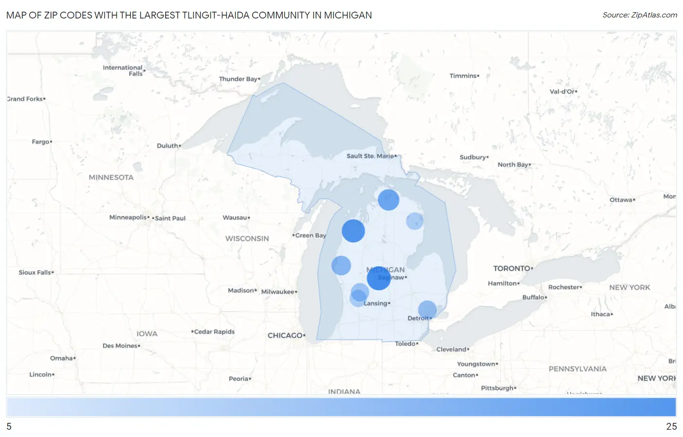Zip Codes with the Largest Tlingit-Haida Community in Michigan Map