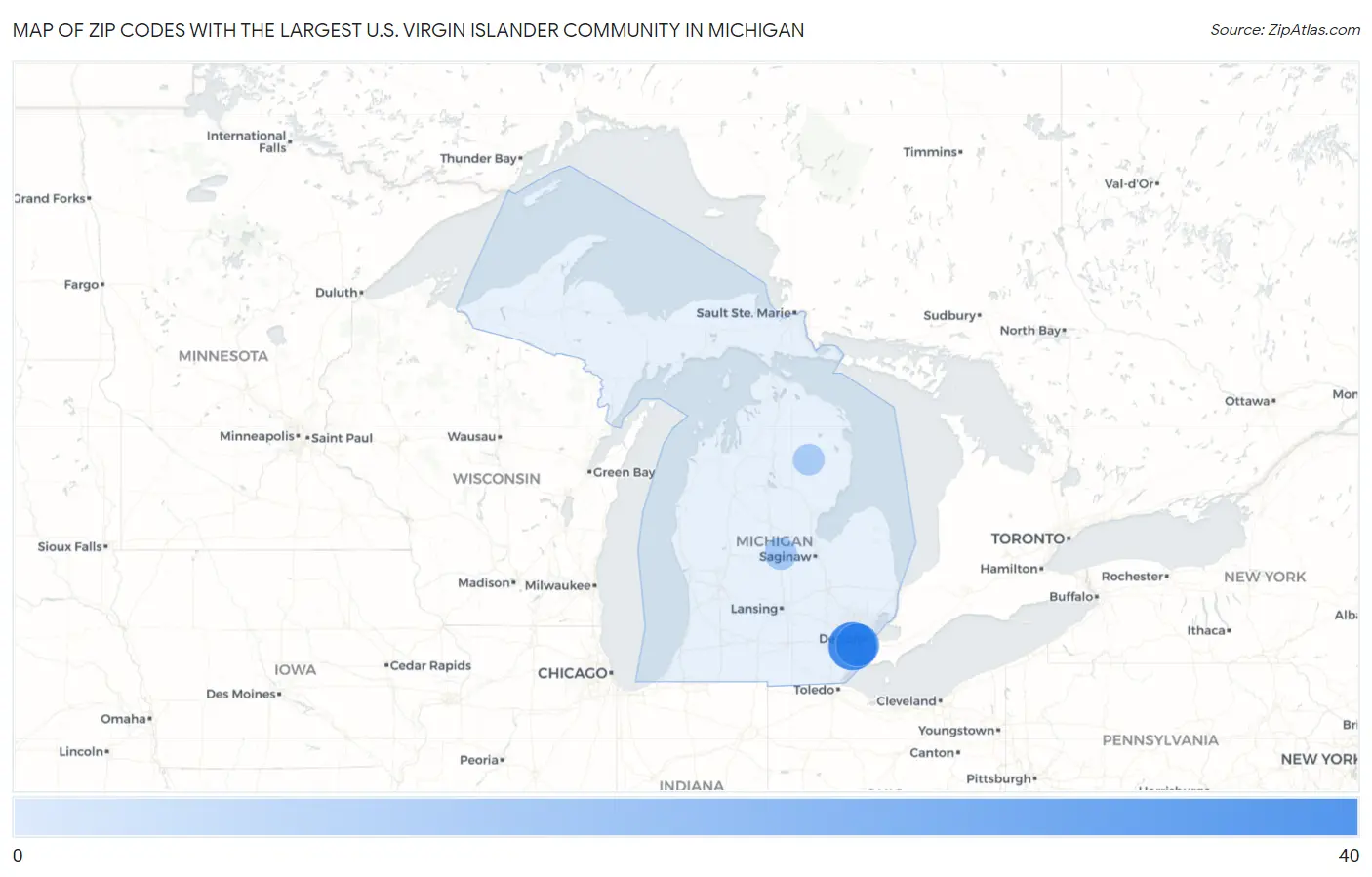 Zip Codes with the Largest U.S. Virgin Islander Community in Michigan Map