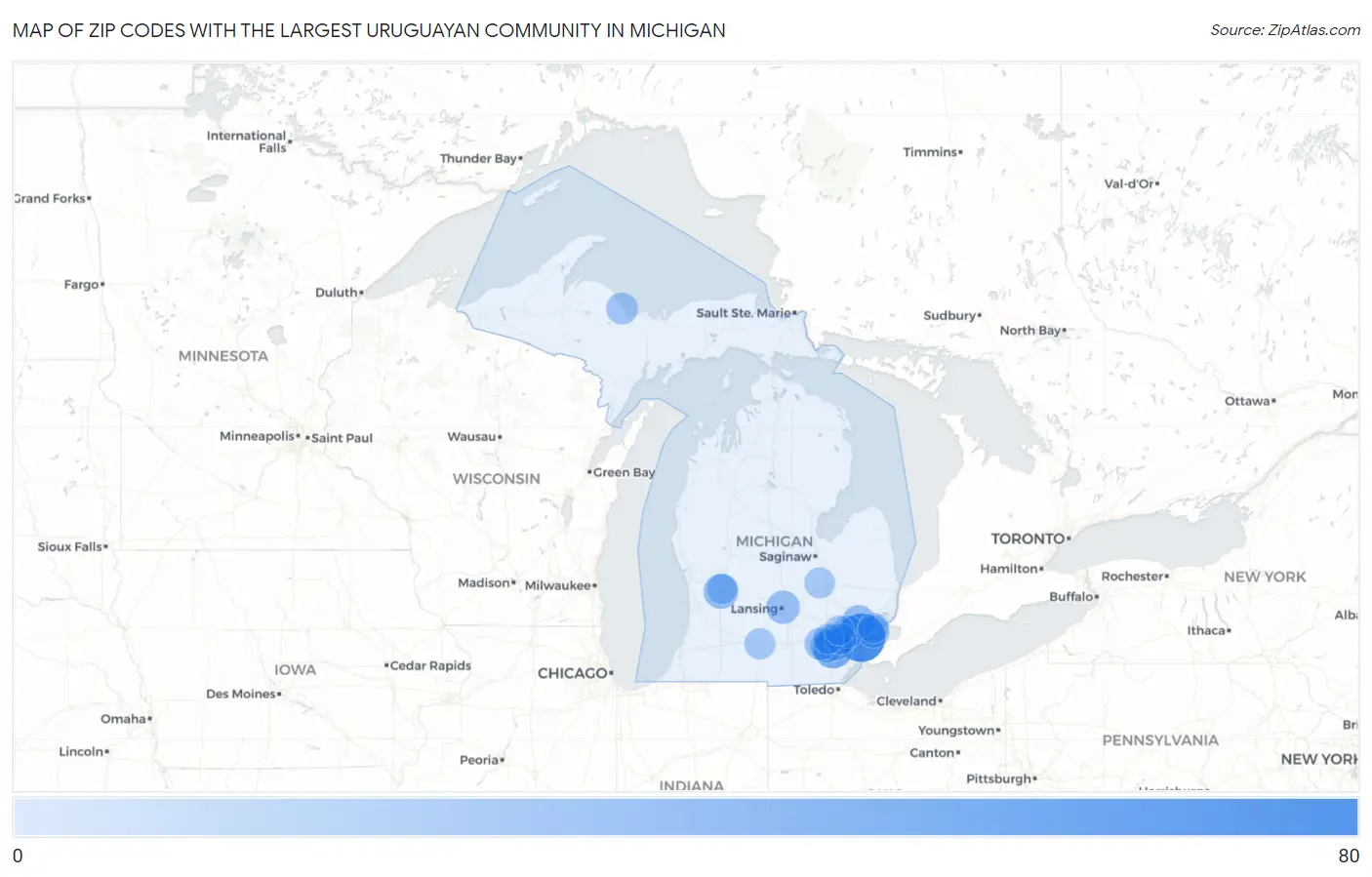 Zip Codes with the Largest Uruguayan Community in Michigan Map