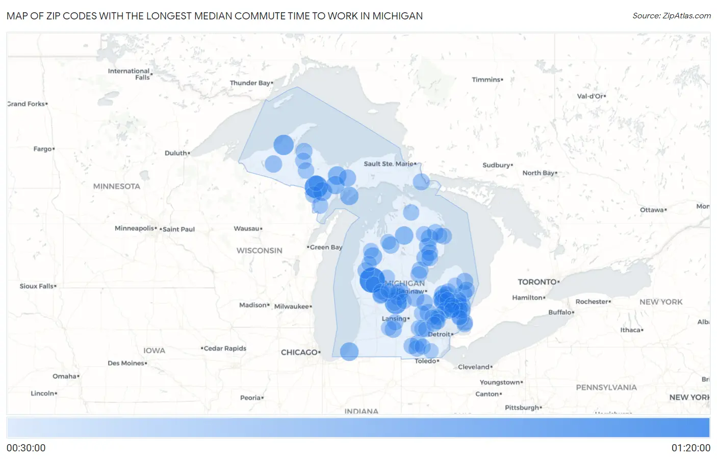 Zip Codes with the Longest Median Commute Time to Work in Michigan Map