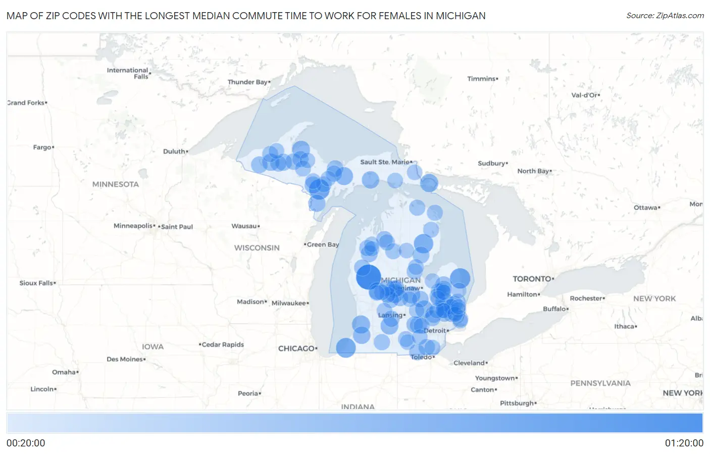 Zip Codes with the Longest Median Commute Time to Work for Females in Michigan Map