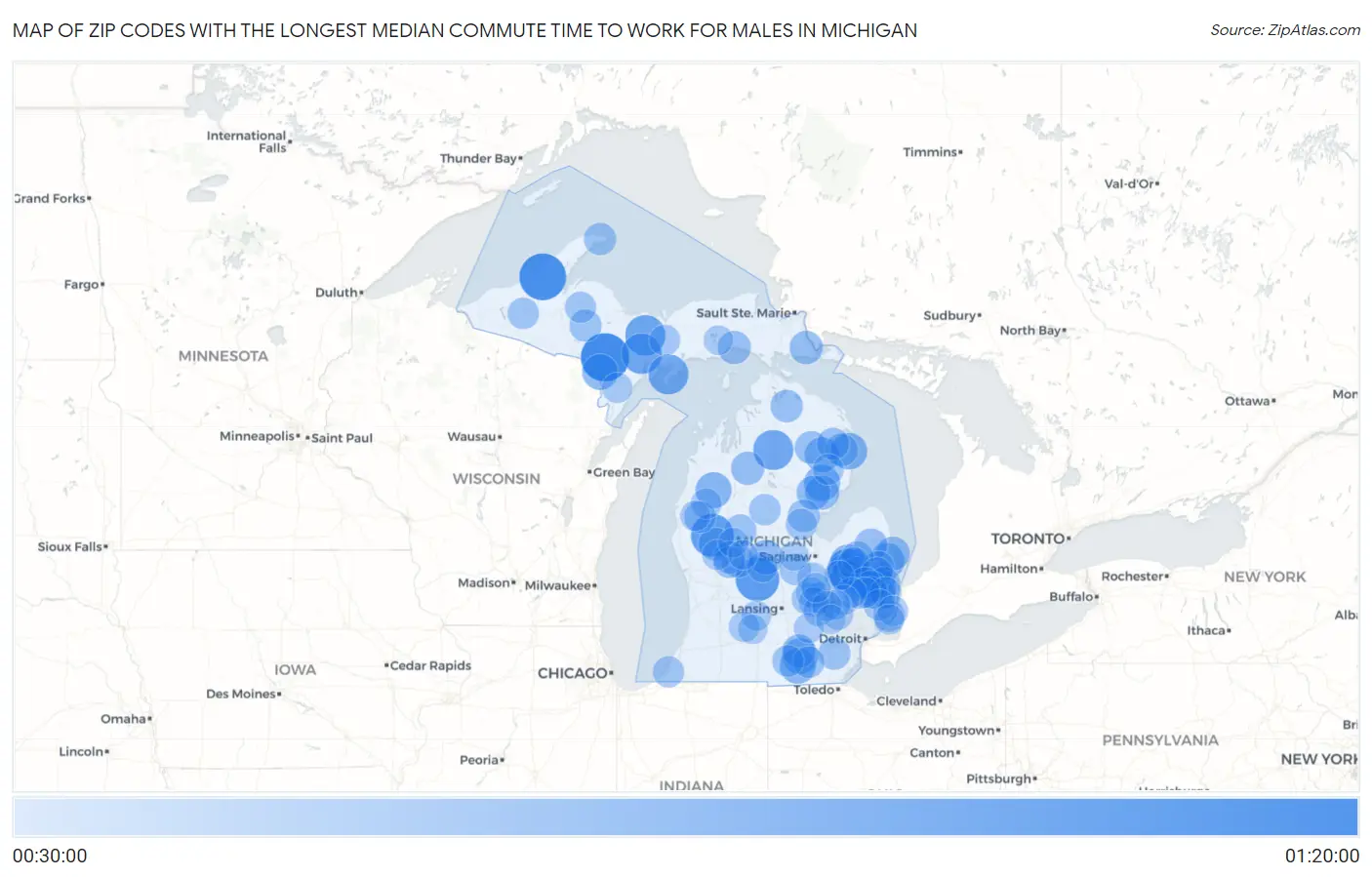 Zip Codes with the Longest Median Commute Time to Work for Males in Michigan Map