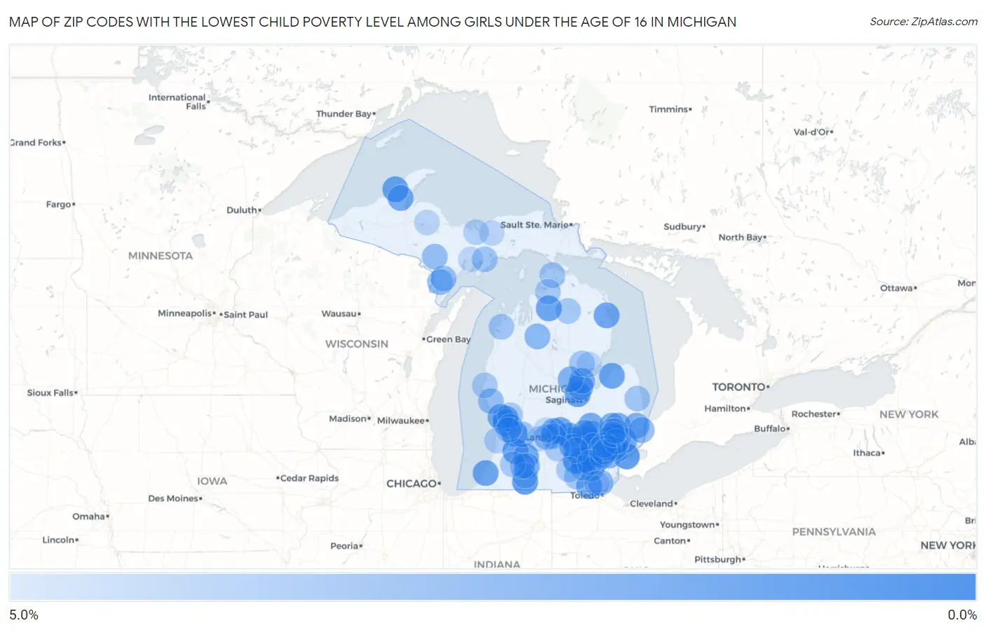 Zip Codes with the Lowest Child Poverty Level Among Girls Under the Age of 16 in Michigan Map