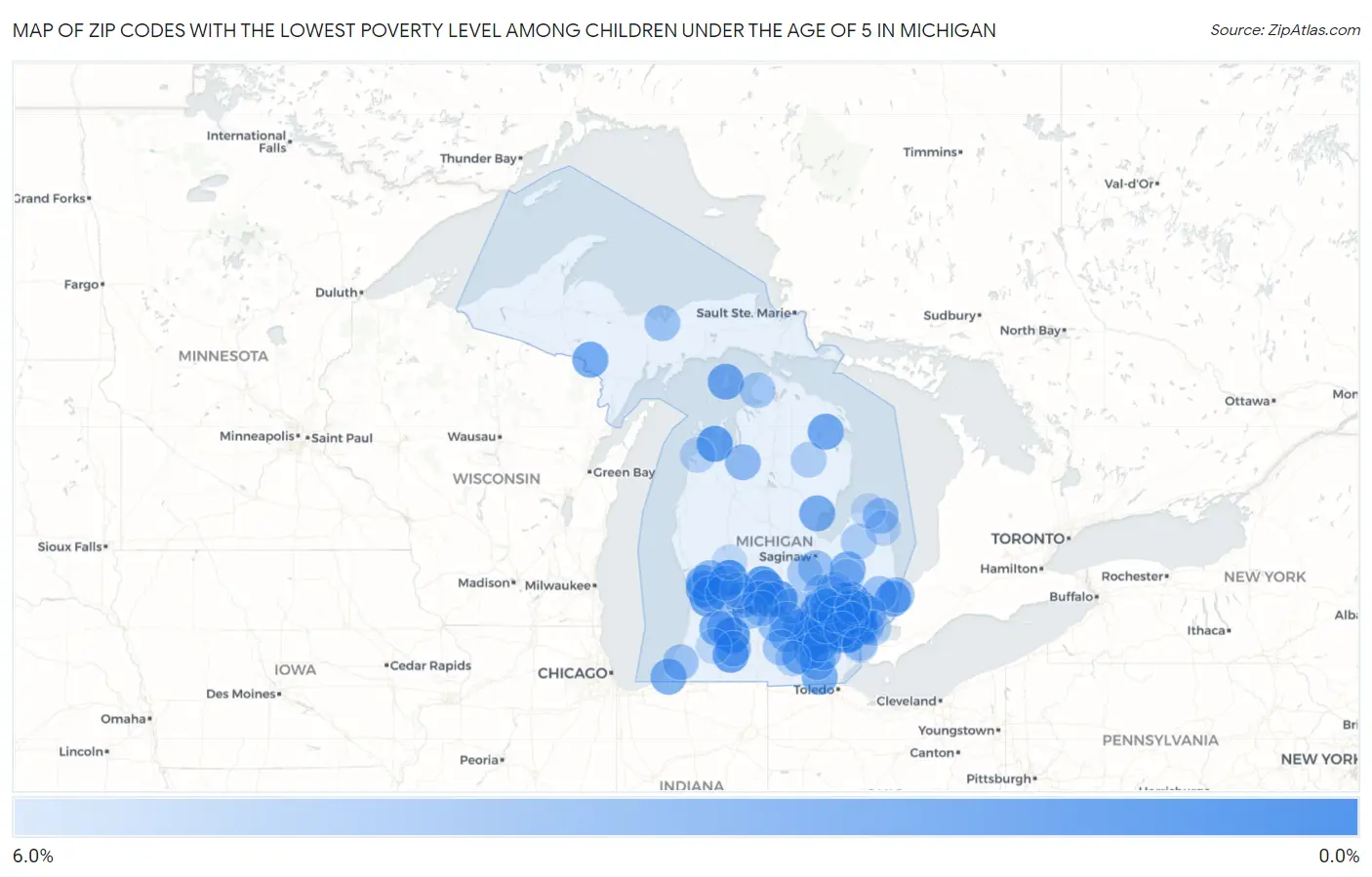 Zip Codes with the Lowest Poverty Level Among Children Under the Age of 5 in Michigan Map