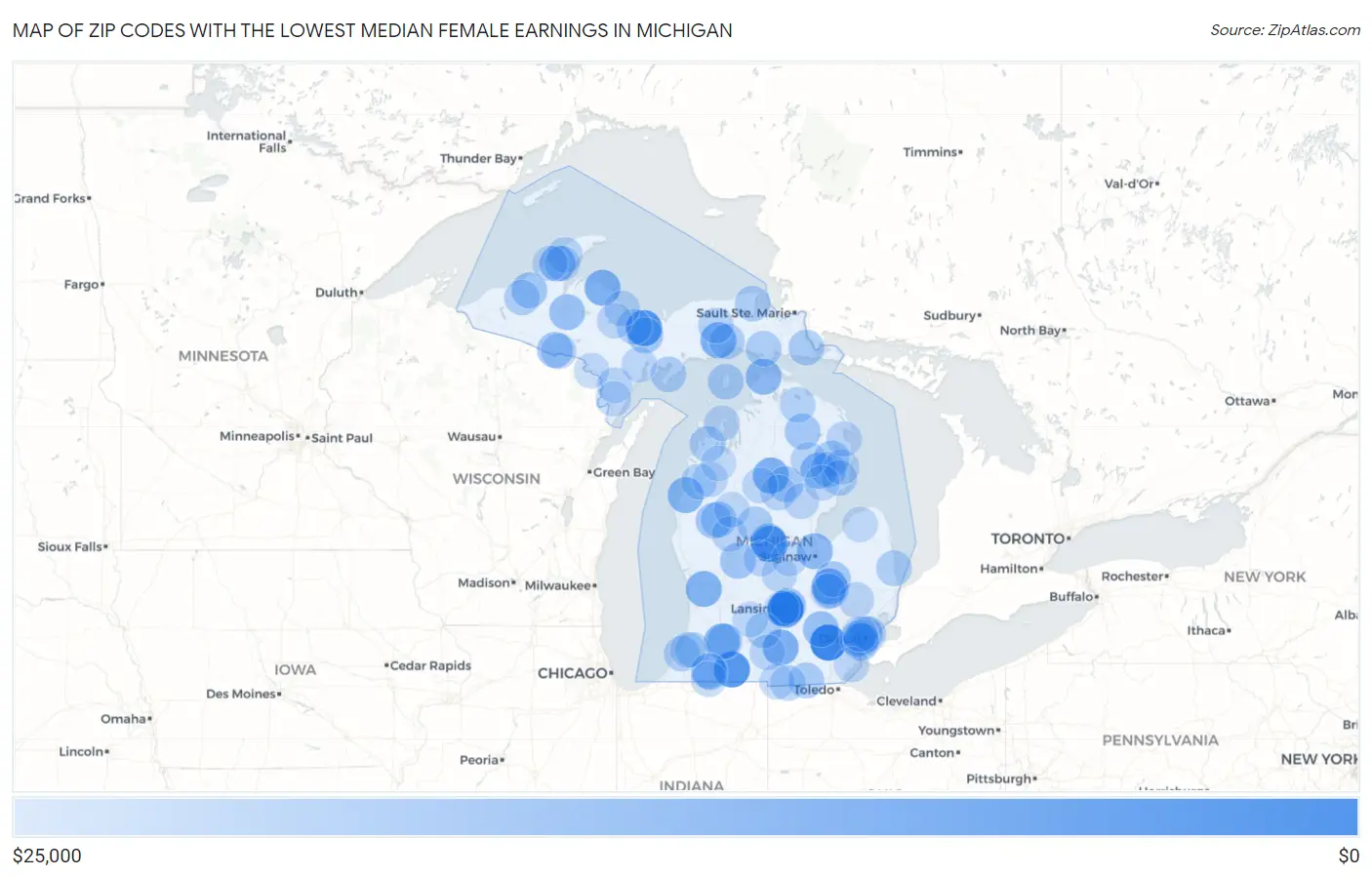 Zip Codes with the Lowest Median Female Earnings in Michigan Map