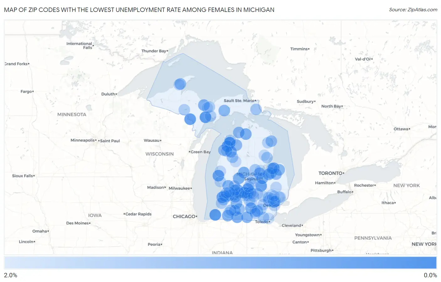 Zip Codes with the Lowest Unemployment Rate Among Females in Michigan Map