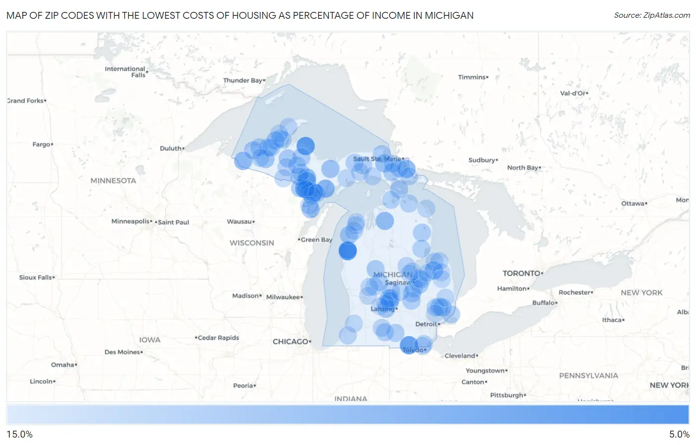 Zip Codes with the Lowest Costs of Housing as Percentage of Income in Michigan Map