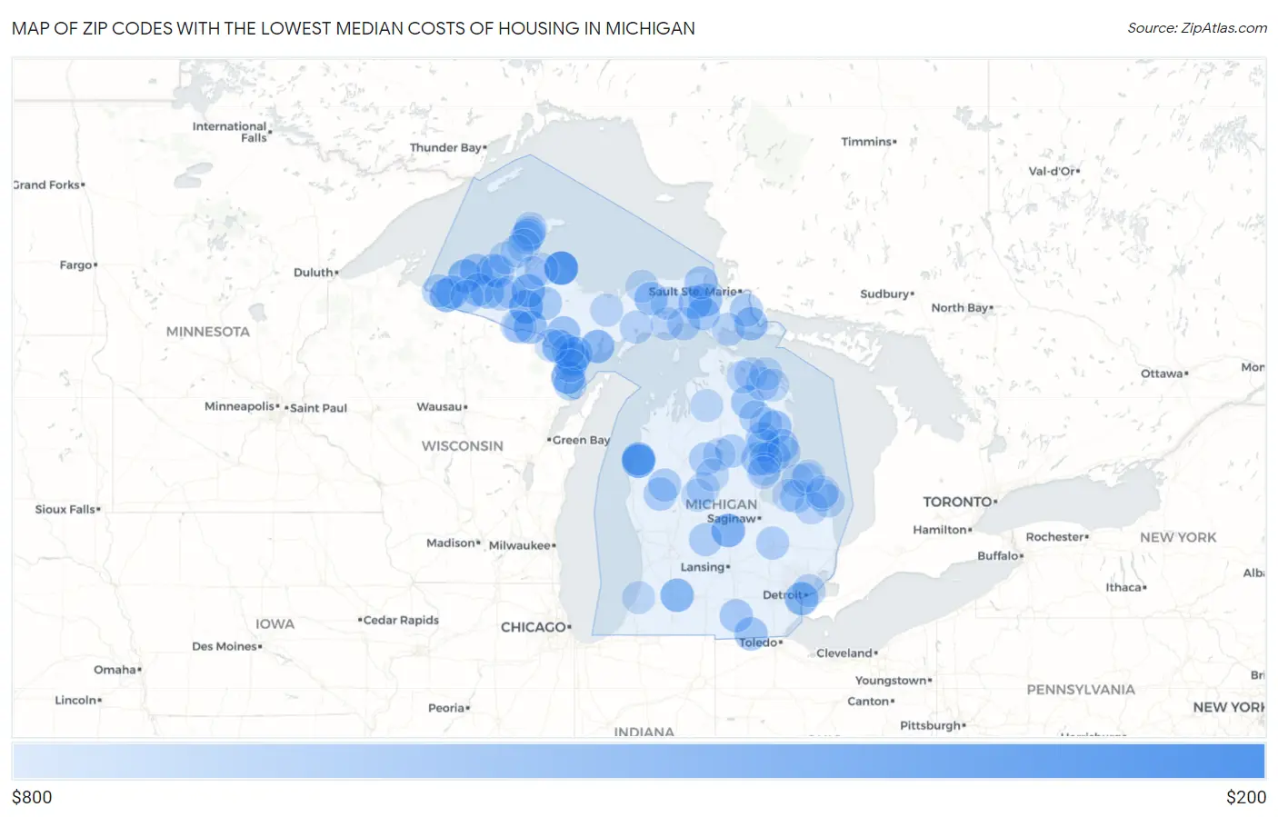 Zip Codes with the Lowest Median Costs of Housing in Michigan Map