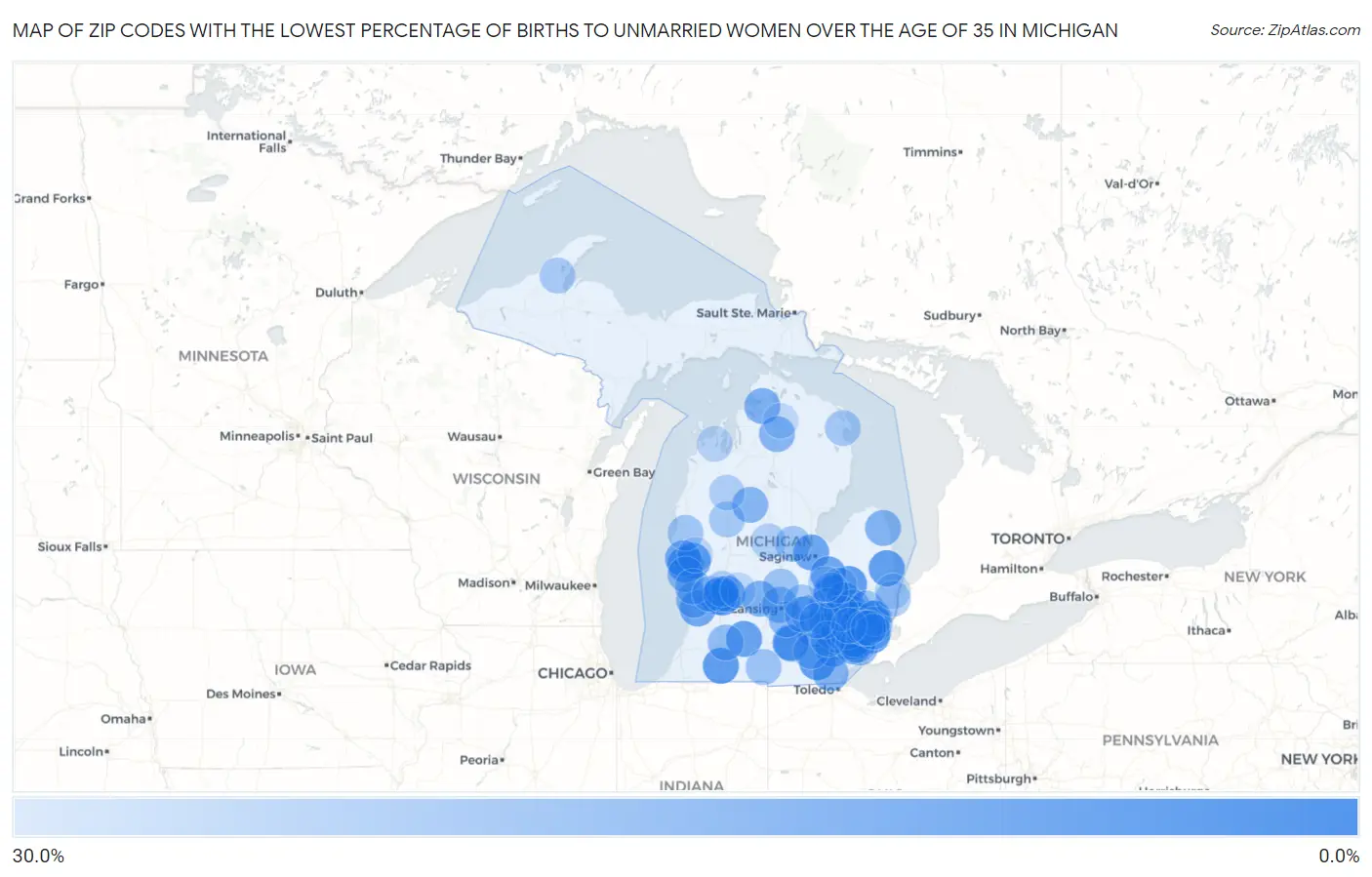 Zip Codes with the Lowest Percentage of Births to Unmarried Women over the Age of 35 in Michigan Map