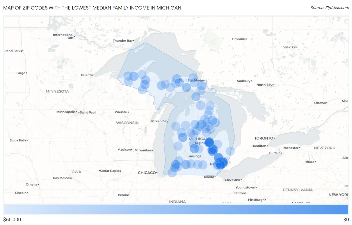 Zip Codes with the Lowest Median Family Income in Michigan Map