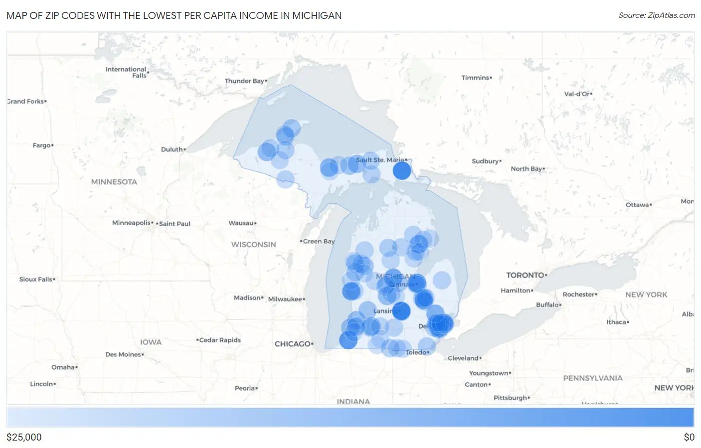 Zip Codes with the Lowest Per Capita Income in Michigan Map