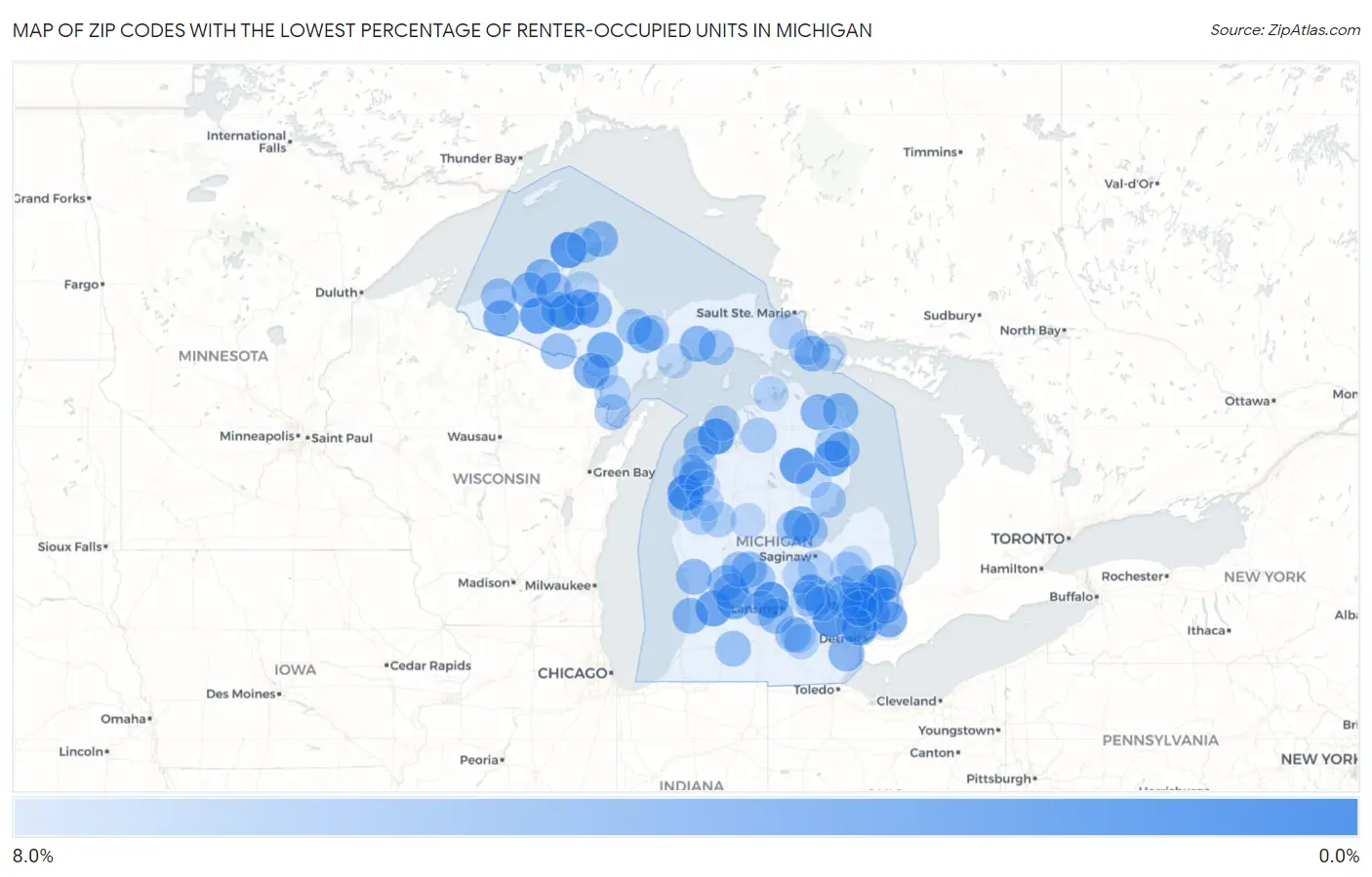 Zip Codes with the Lowest Percentage of Renter-Occupied Units in Michigan Map