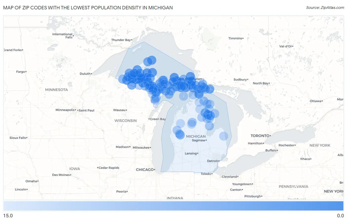 Zip Codes with the Lowest Population Density in Michigan Map