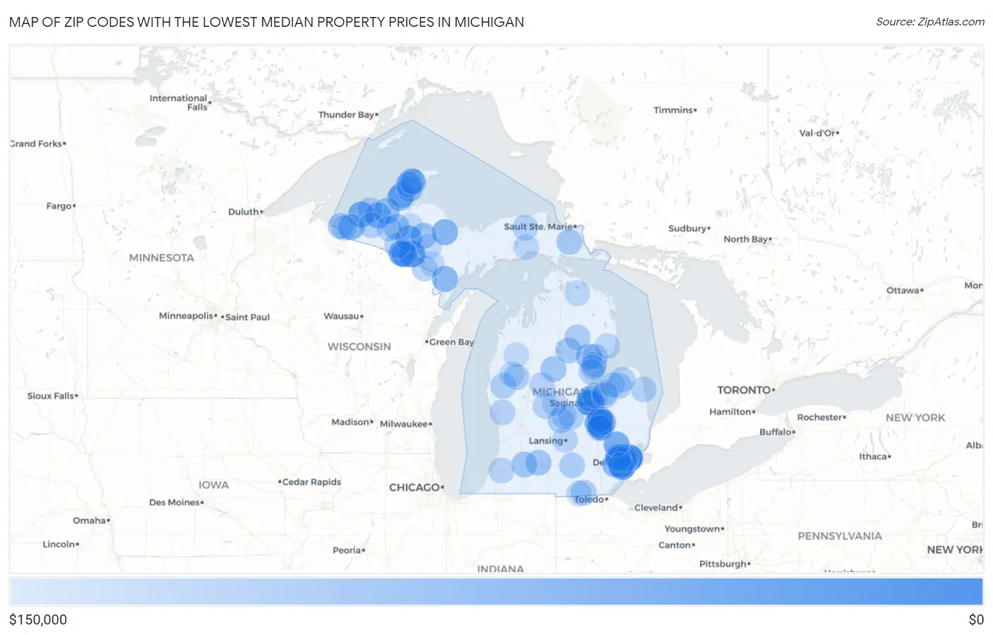 Zip Codes with the Lowest Median Property Prices in Michigan Map