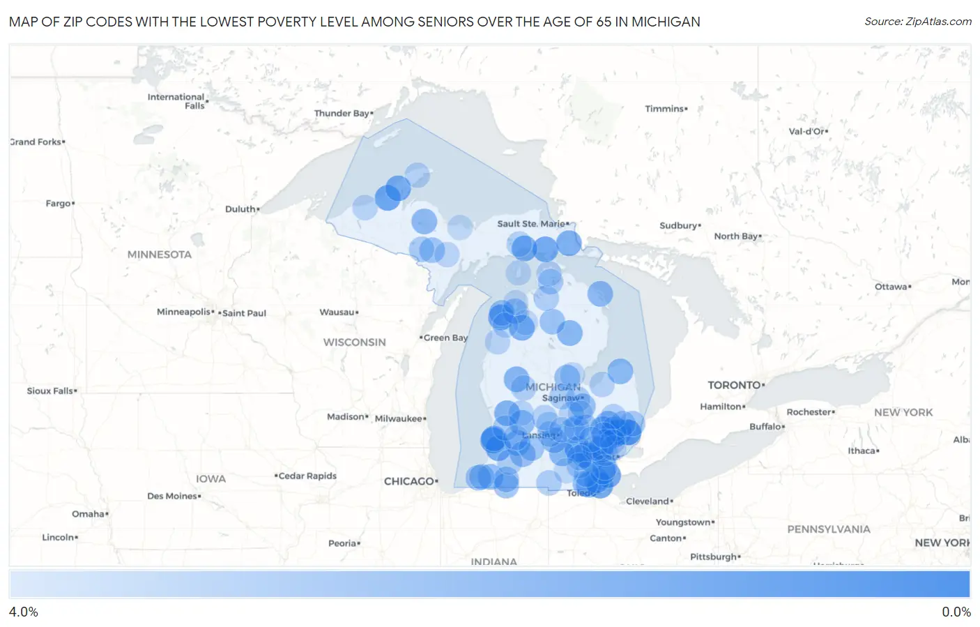 Zip Codes with the Lowest Poverty Level Among Seniors Over the Age of 65 in Michigan Map