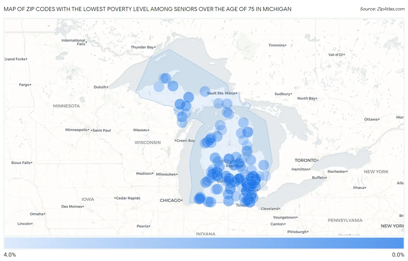 Zip Codes with the Lowest Poverty Level Among Seniors Over the Age of 75 in Michigan Map