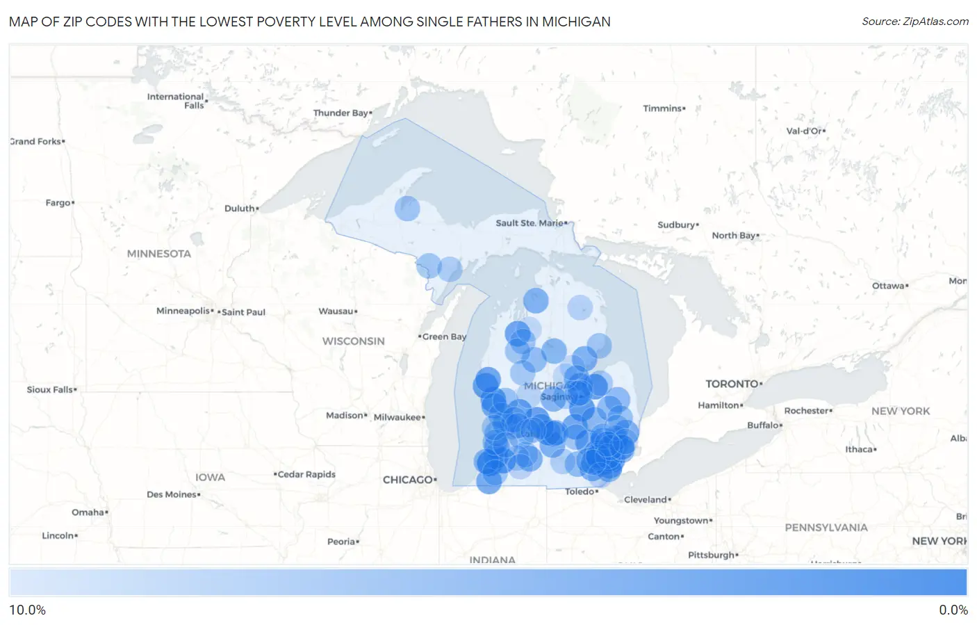 Zip Codes with the Lowest Poverty Level Among Single Fathers in Michigan Map
