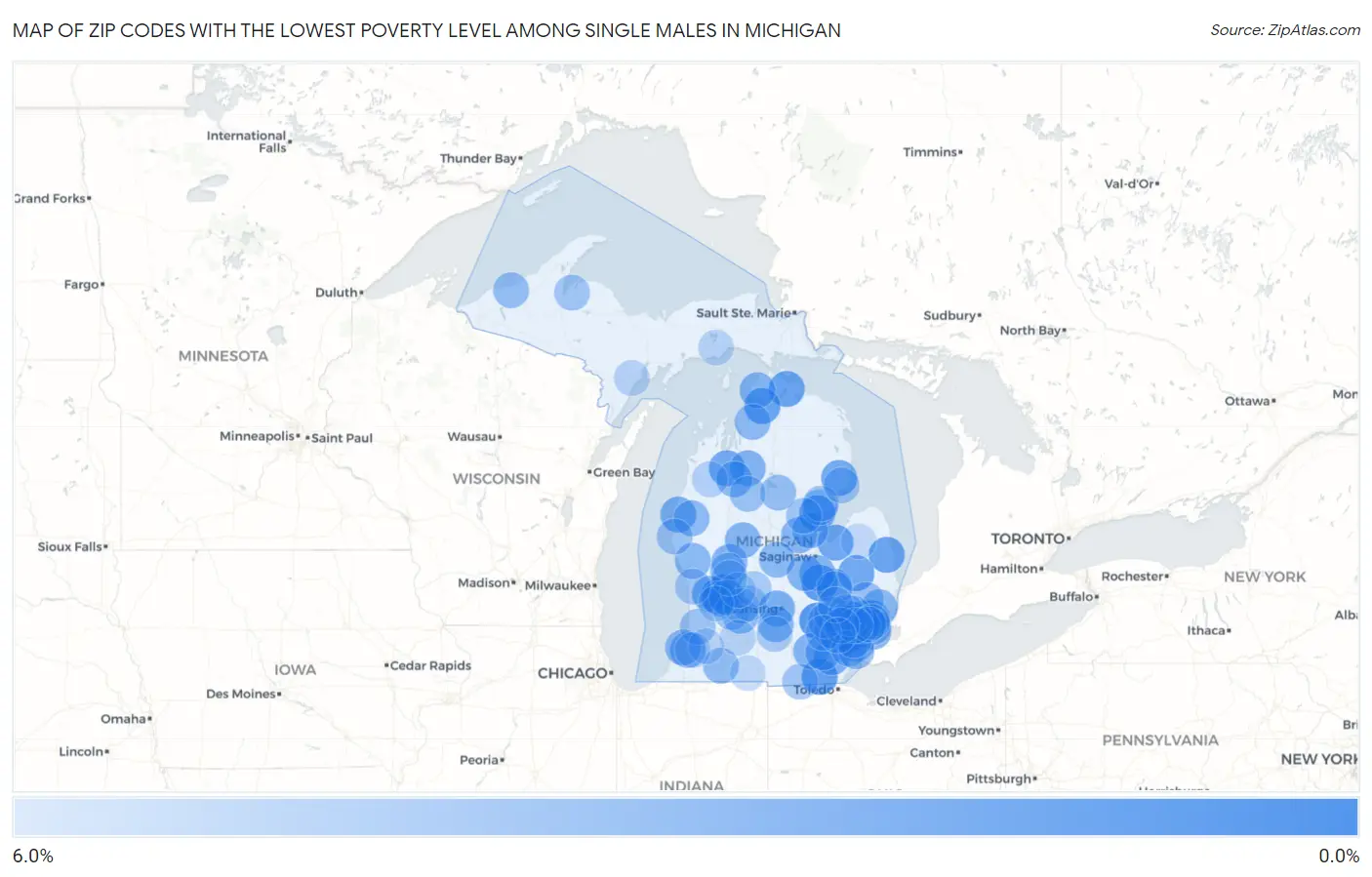Zip Codes with the Lowest Poverty Level Among Single Males in Michigan Map
