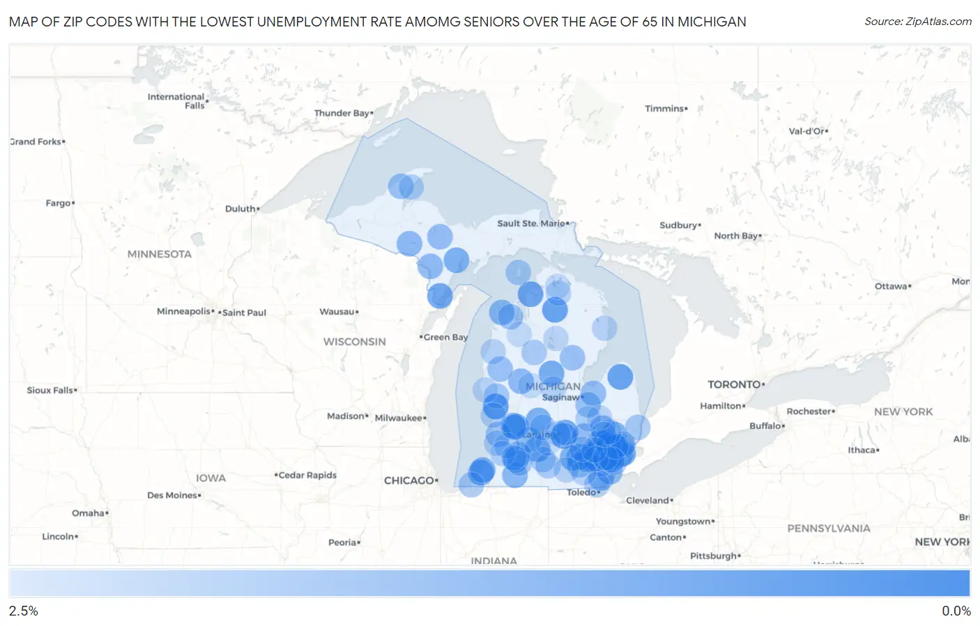 Zip Codes with the Lowest Unemployment Rate Amomg Seniors Over the Age of 65 in Michigan Map