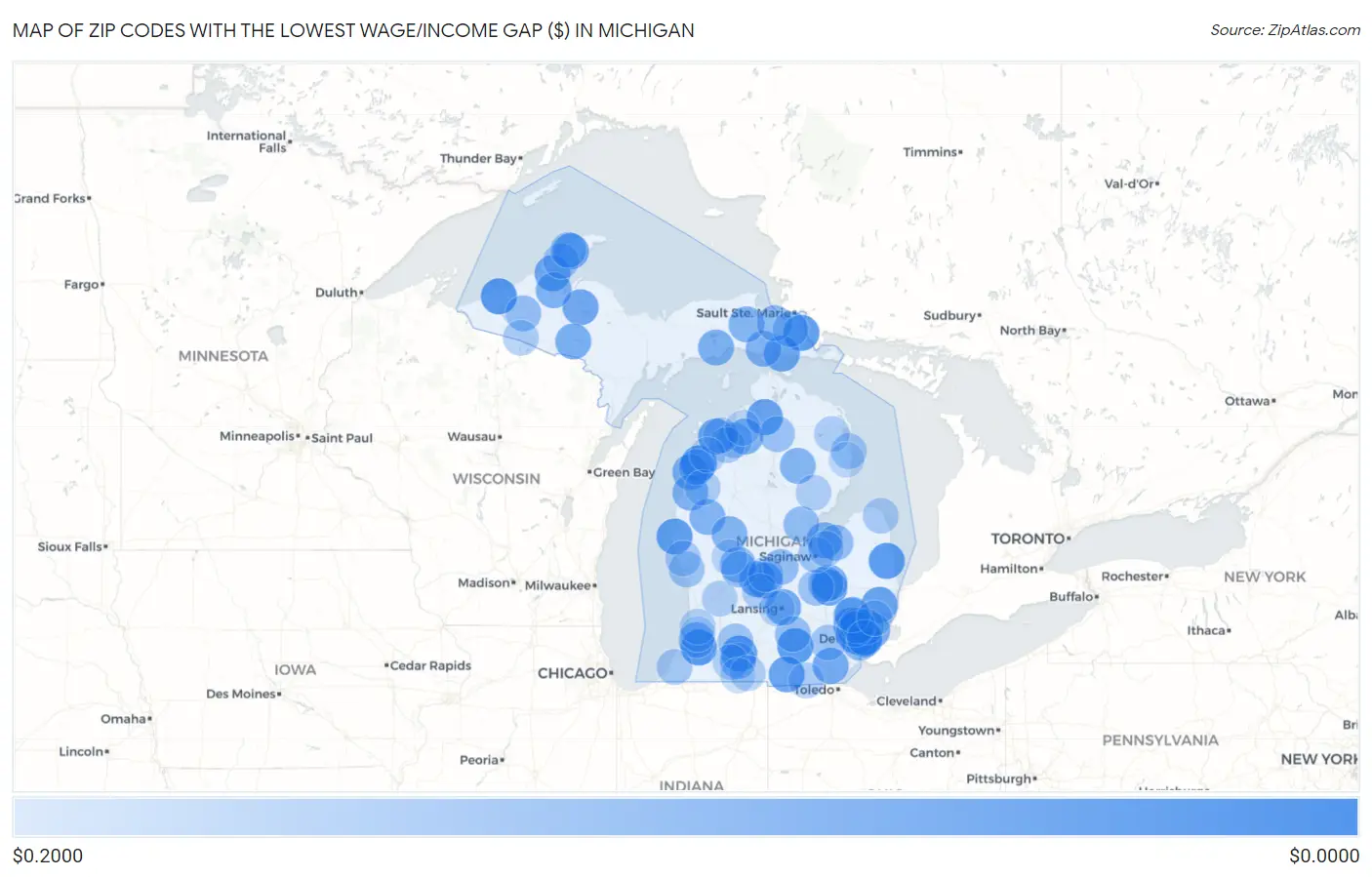 Zip Codes with the Lowest Wage/Income Gap ($) in Michigan Map