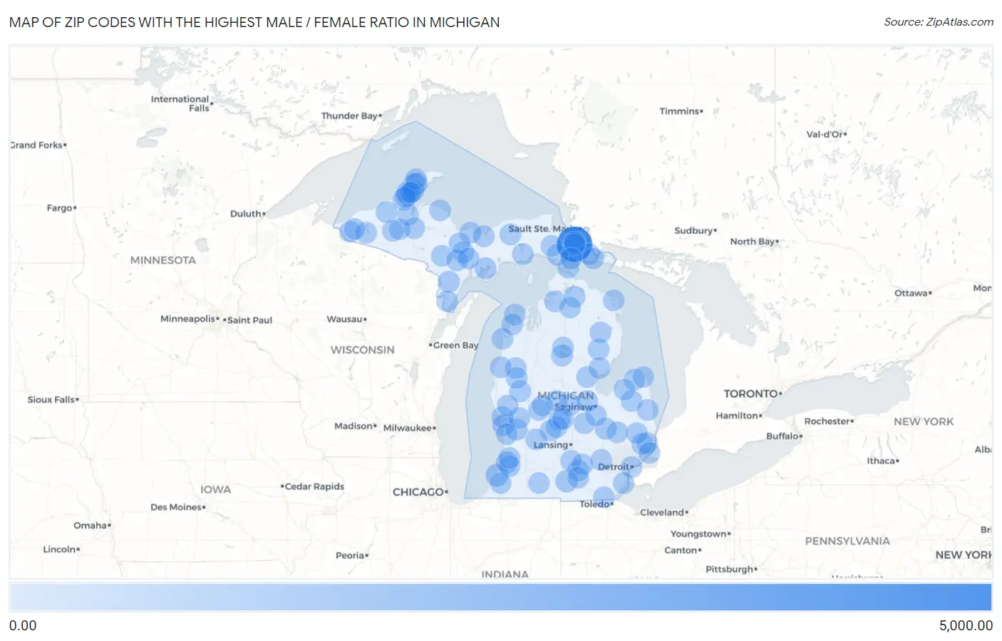 Zip Codes with the Highest Male / Female Ratio in Michigan Map
