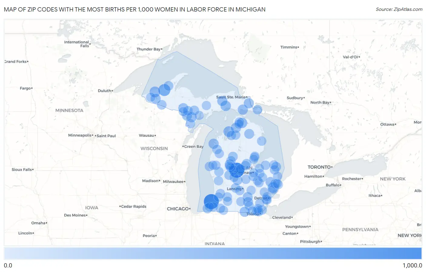 Zip Codes with the Most Births per 1,000 Women in Labor Force in Michigan Map