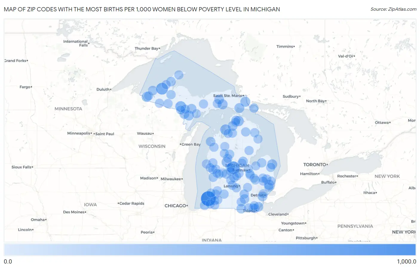 Zip Codes with the Most Births per 1,000 Women Below Poverty Level in Michigan Map