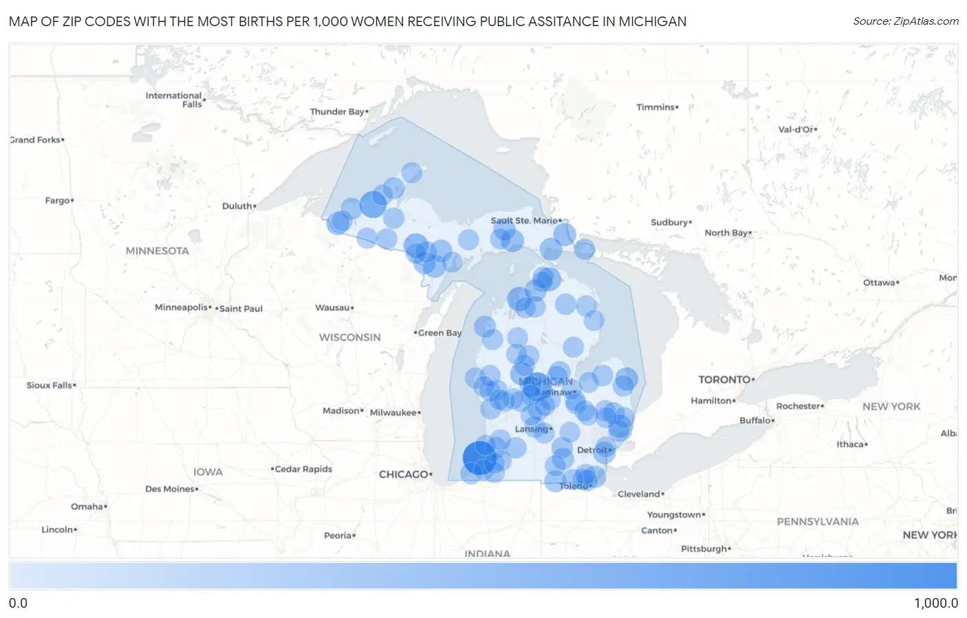 Zip Codes with the Most Births per 1,000 Women Receiving Public Assitance in Michigan Map