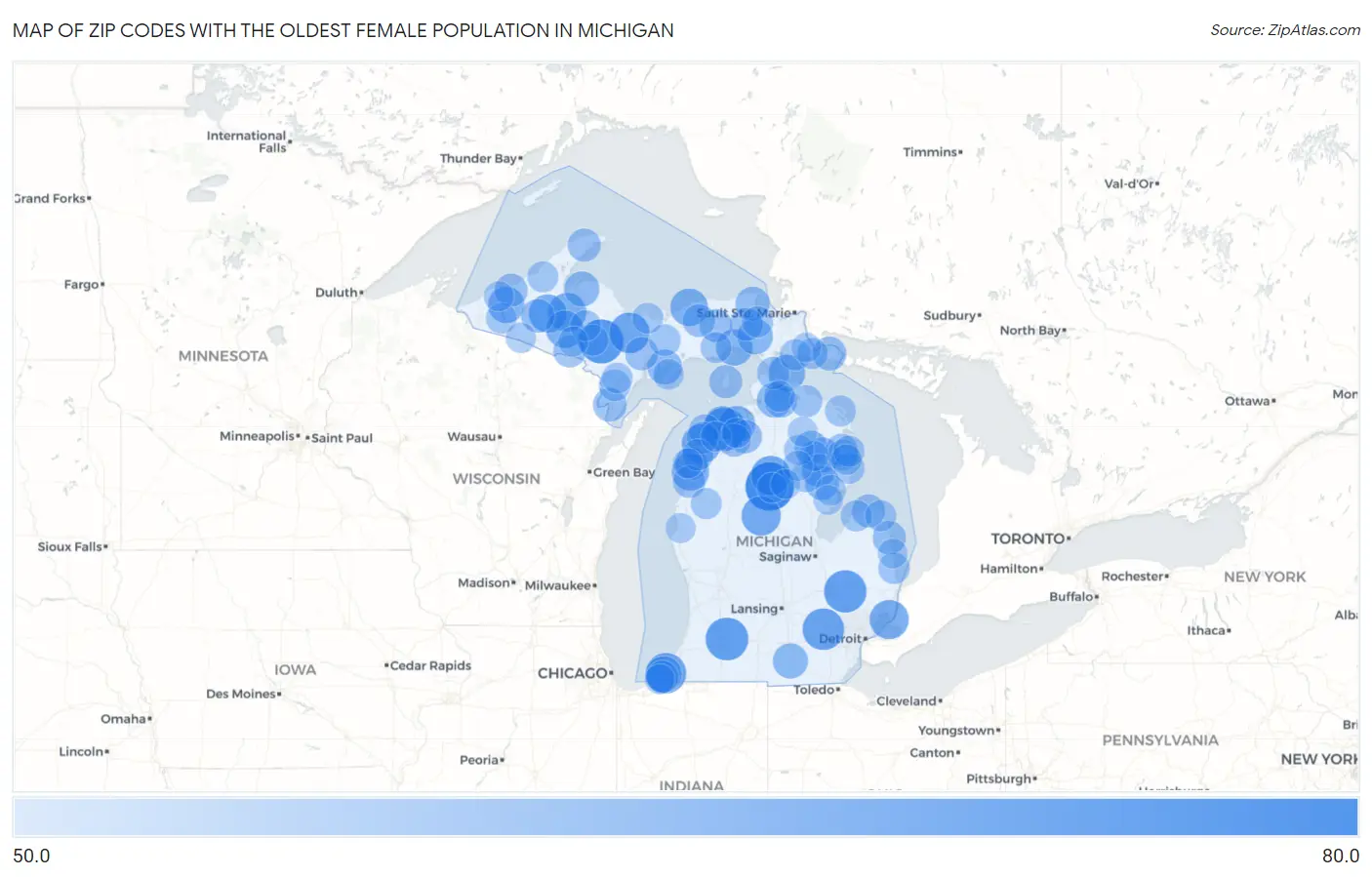 Zip Codes with the Oldest Female Population in Michigan Map