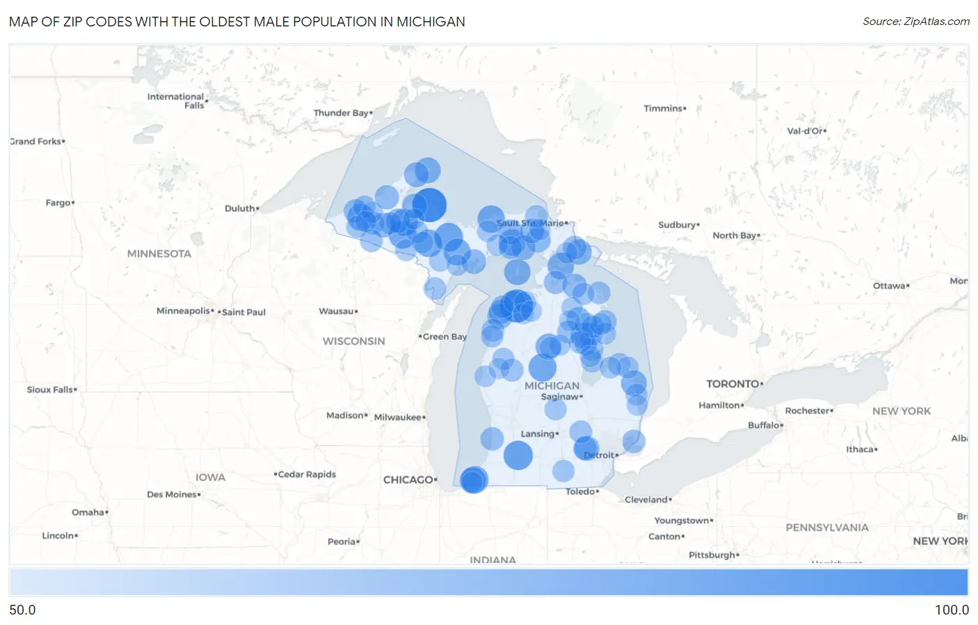 Zip Codes with the Oldest Male Population in Michigan Map