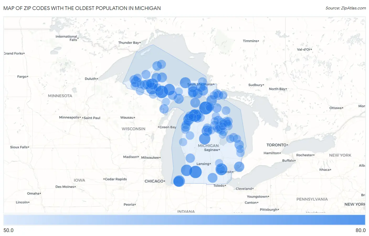 Zip Codes with the Oldest Population in Michigan Map